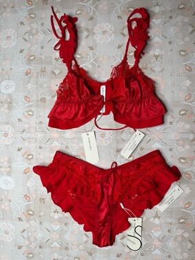 For Love And Lemons Red Satin Lace Bralette & Ruffle Briefs Set